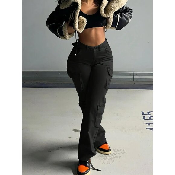 Women Cargo Jeans Cotton Large Utility Pocket Wide Leg Casual Streetwear - Picture 2 of 7